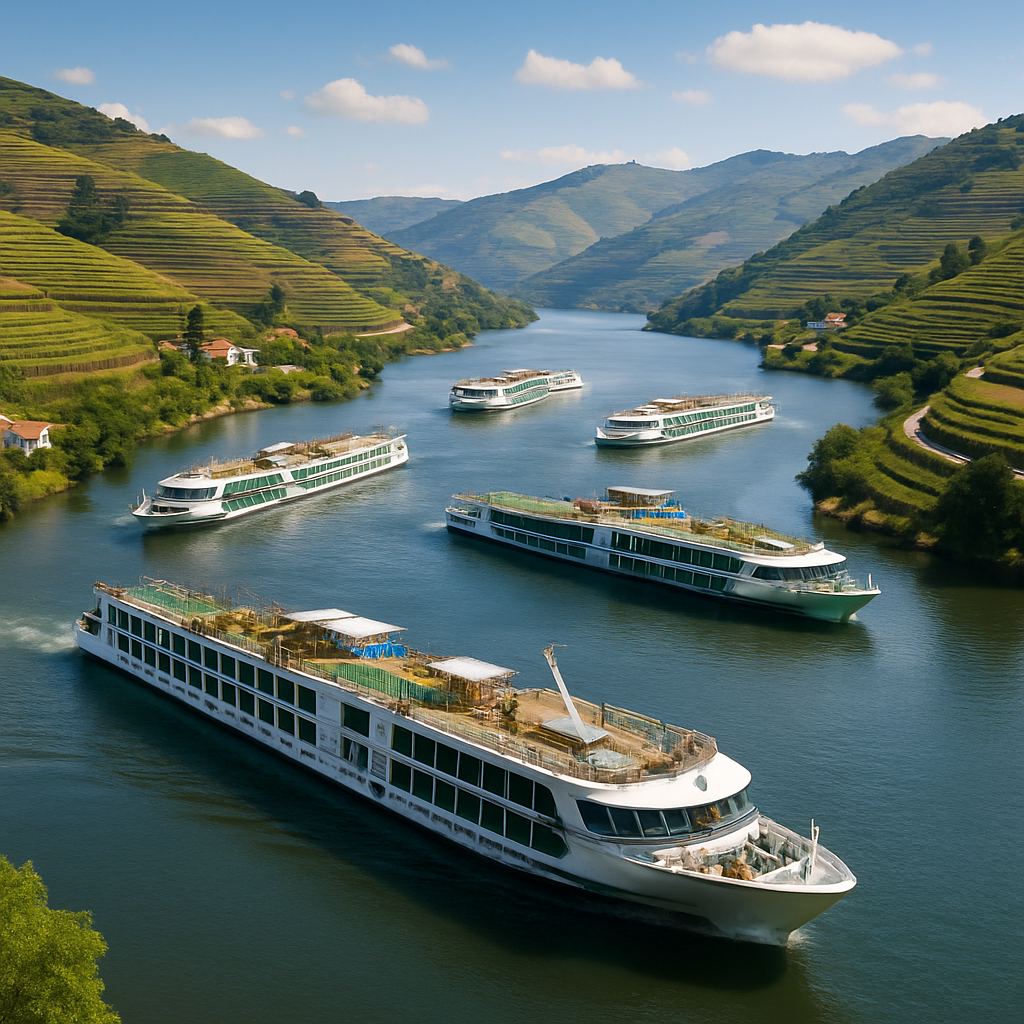 A vibrant view of various European river cruise ships navigating through picturesque landscapes featuring vineyards along the Douro River