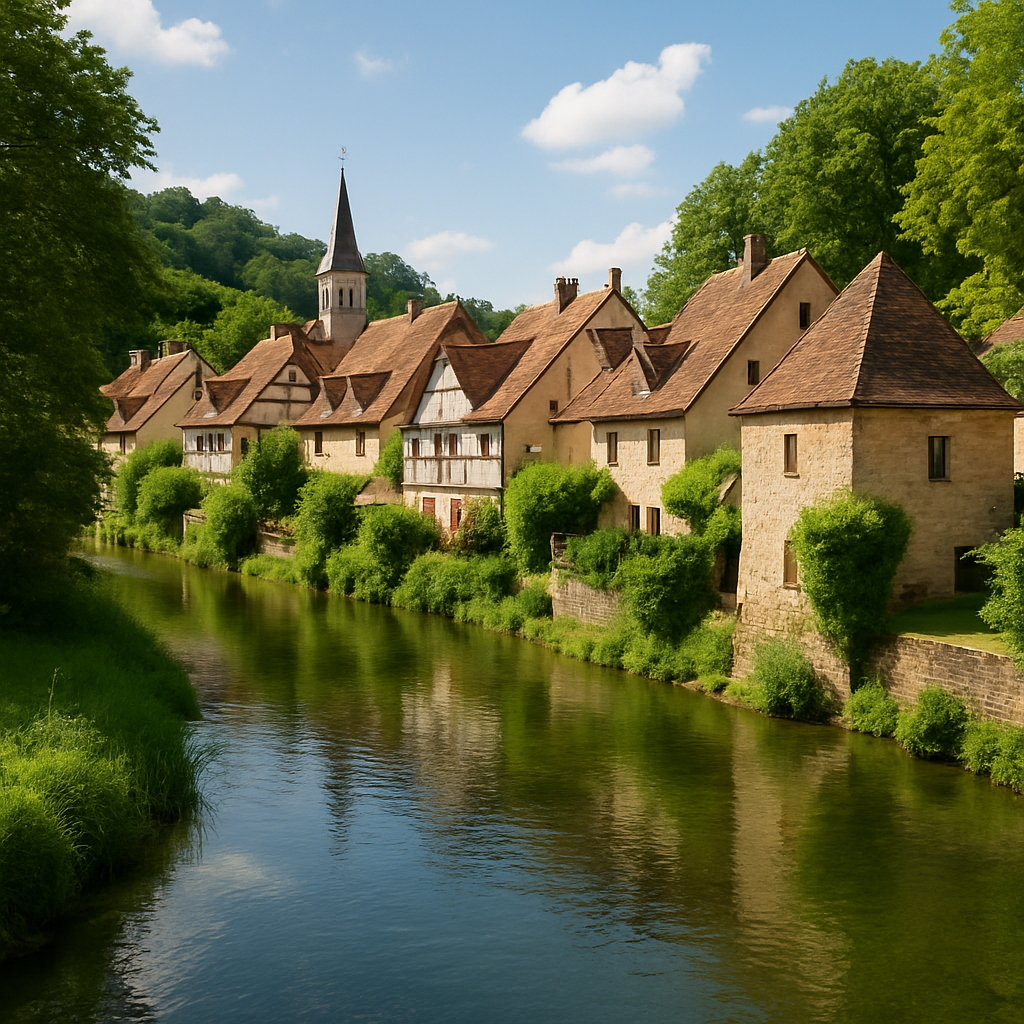 A charming European village along a river with quaint houses and lush greenery, showcasing hidden gems of European river cruising