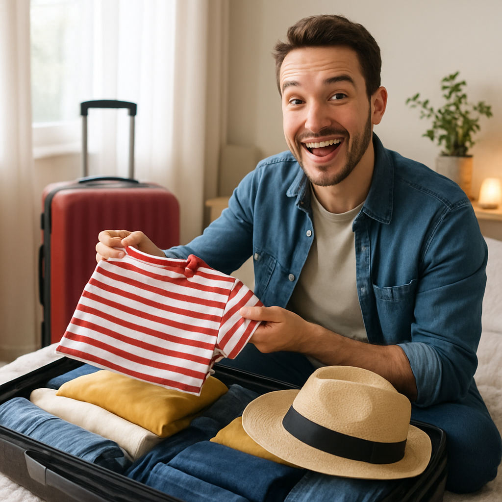A traveler happily packing their suitcase with clothes suitable for a European river cruise adventure