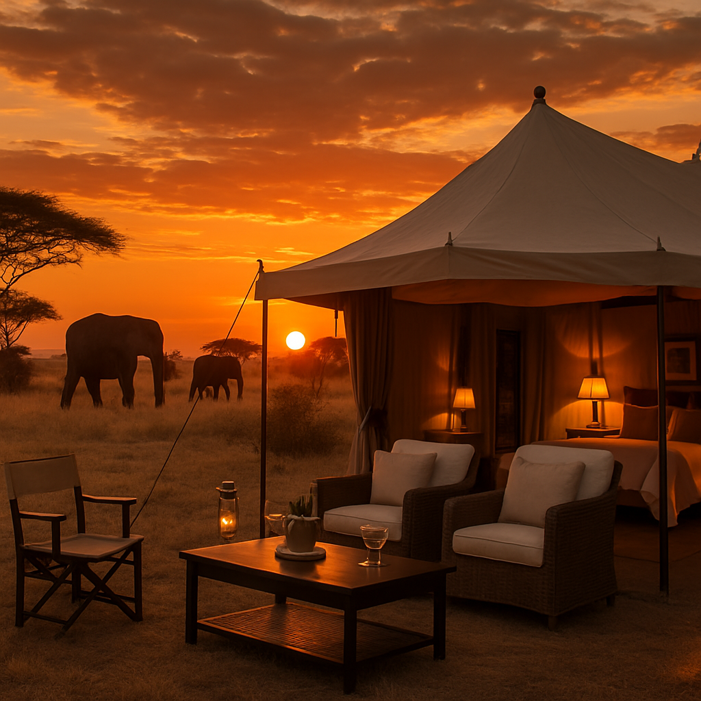 A luxurious safari scene featuring a private tented camp set against an African sunset with elephants in the background