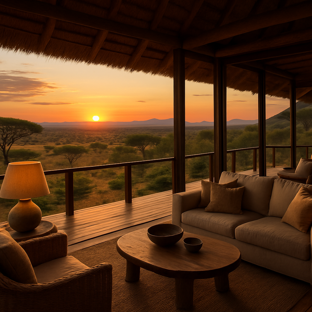 A luxurious lodge setting with panoramic views over an African landscape at sunset