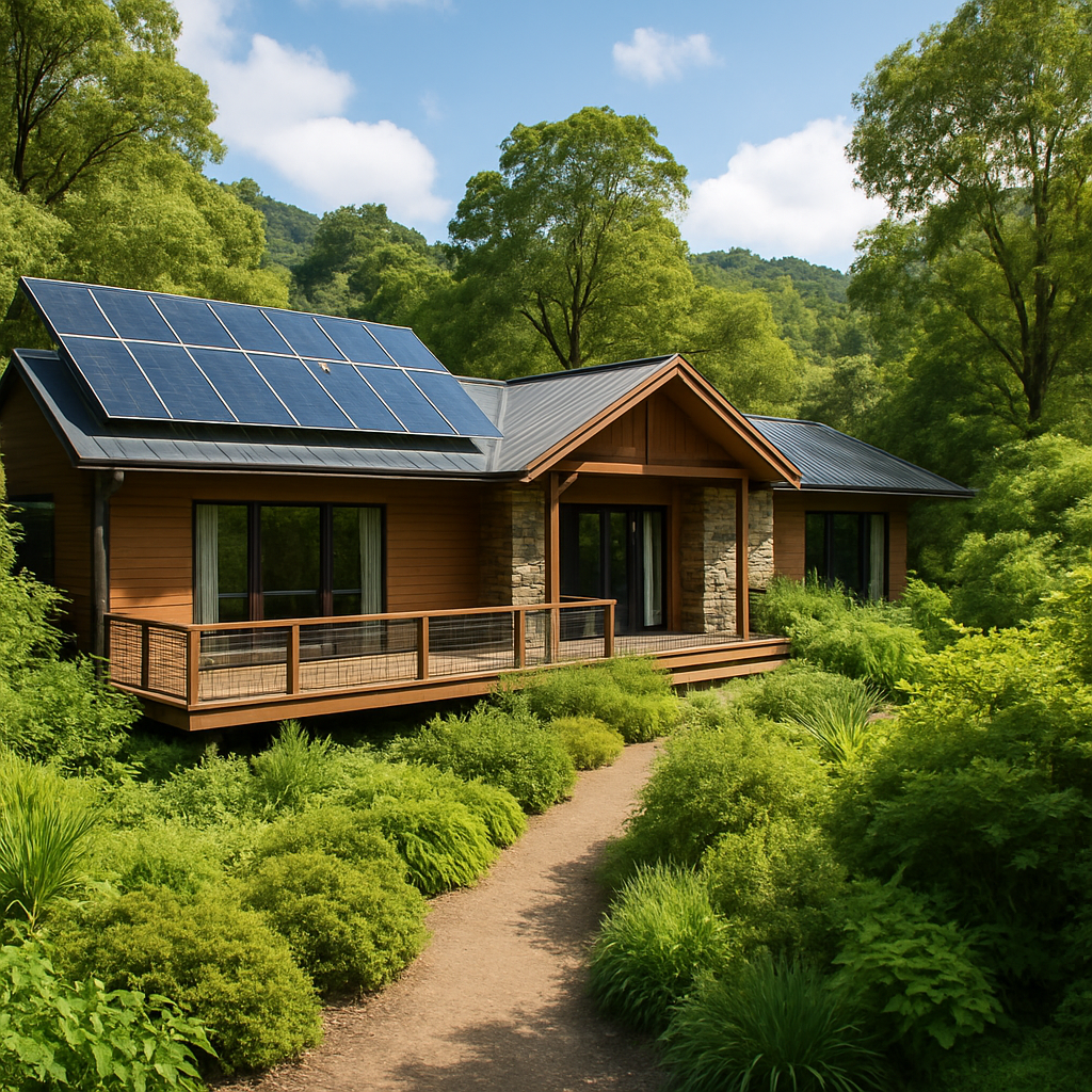 An eco-friendly luxury lodge surrounded by nature showcasing solar panels and lush greenery
