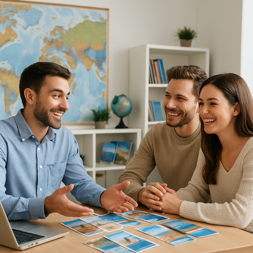 A cheerful travel agent discussing plans with a happy couple in an office filled with maps and brochures A cheerful travel agent discussing plans with a happy couple in an office filled with maps and brochures
