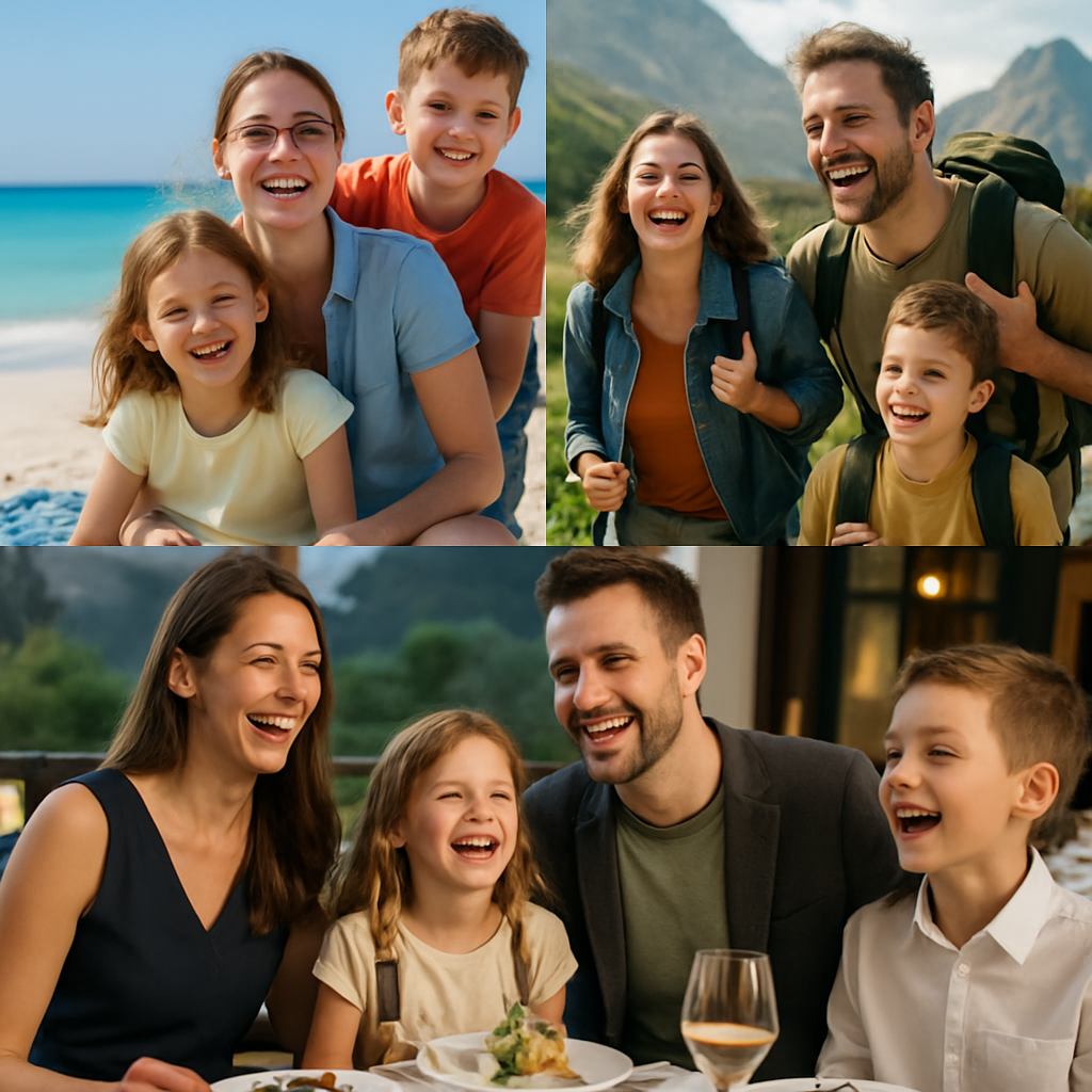 A family happily enjoying various vacation types - beach relaxation, adventure hiking, luxury dining A family happily enjoying various vacation types - beach relaxation, adventure hiking, luxury dining