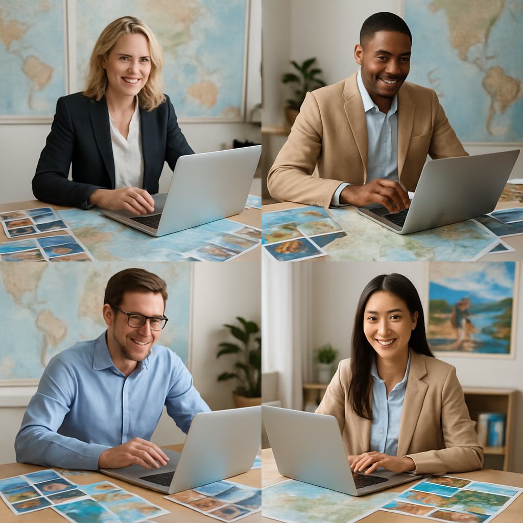 A collage of various travel agents working on laptops with maps and brochures around them, showcasing diversity in expertise such as luxury travel, adventure trips, and family vacations A collage of various travel agents working on laptops with maps and brochures around them, showcasing diversity in expertise such as luxury travel, adventure trips, and family vacations