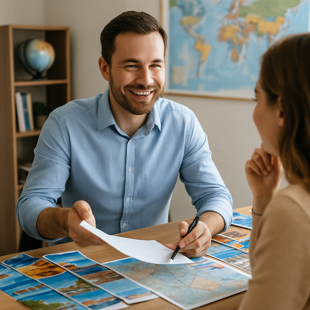A friendly travel agent discussing costs with a client at a desk filled with brochures and maps A friendly travel agent discussing costs with a client at a desk filled with brochures and maps