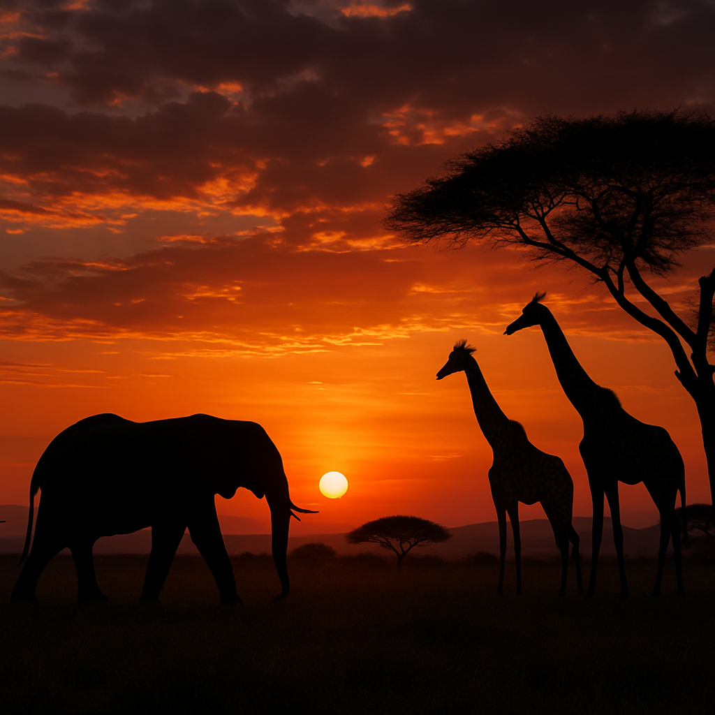 A stunning landscape of Serengeti National Park at sunset with silhouettes of wildlife such as elephants and giraffes
