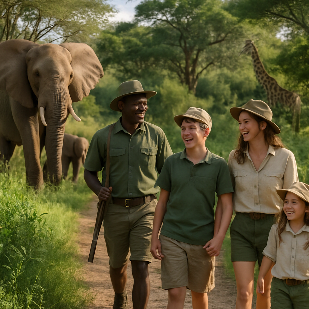 A family enjoying a guided walking safari in Africa surrounded by lush greenery and wildlife