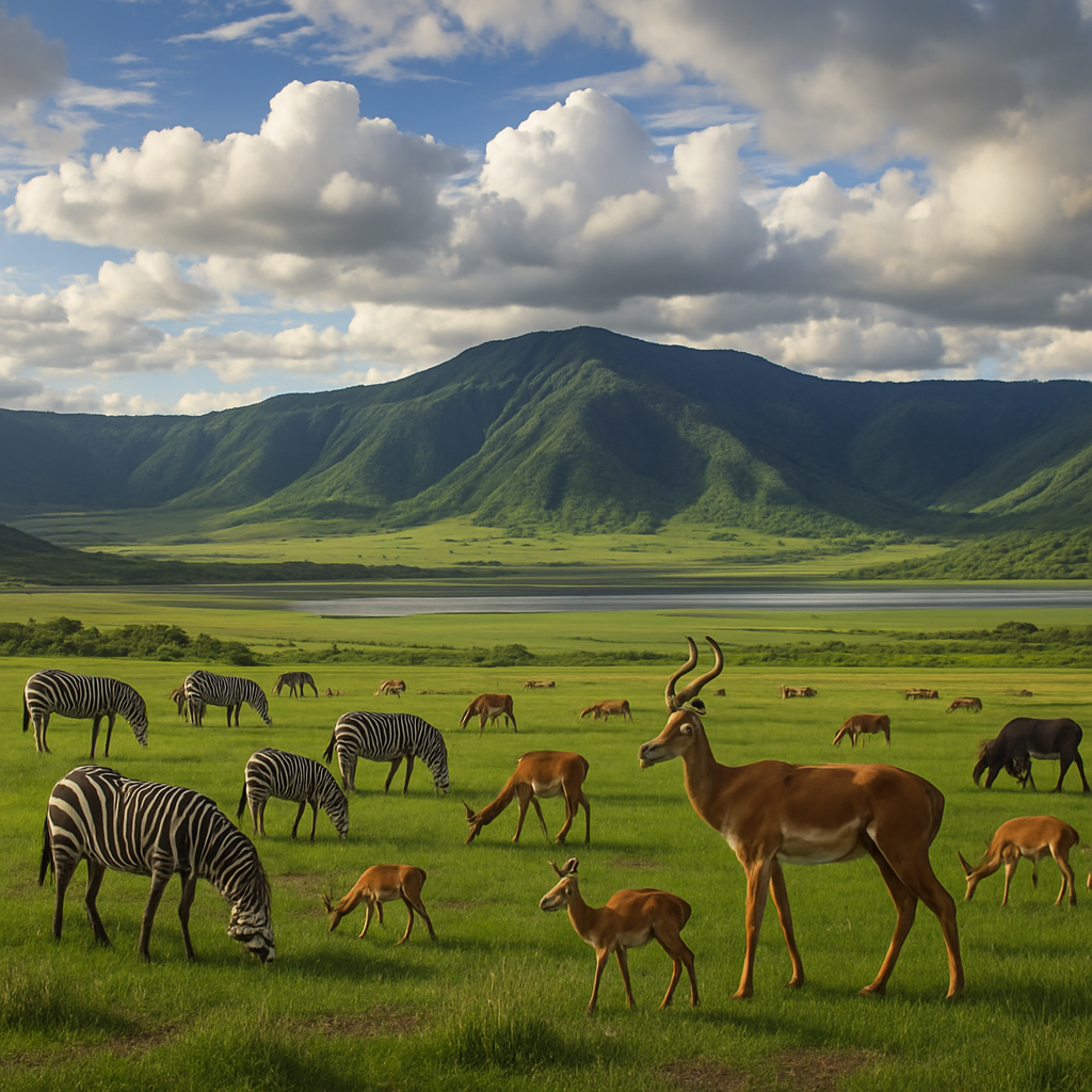 A breathtaking view of Ngorongoro Crater with diverse wildlife grazing, showcasing lush greenery and vibrant skies