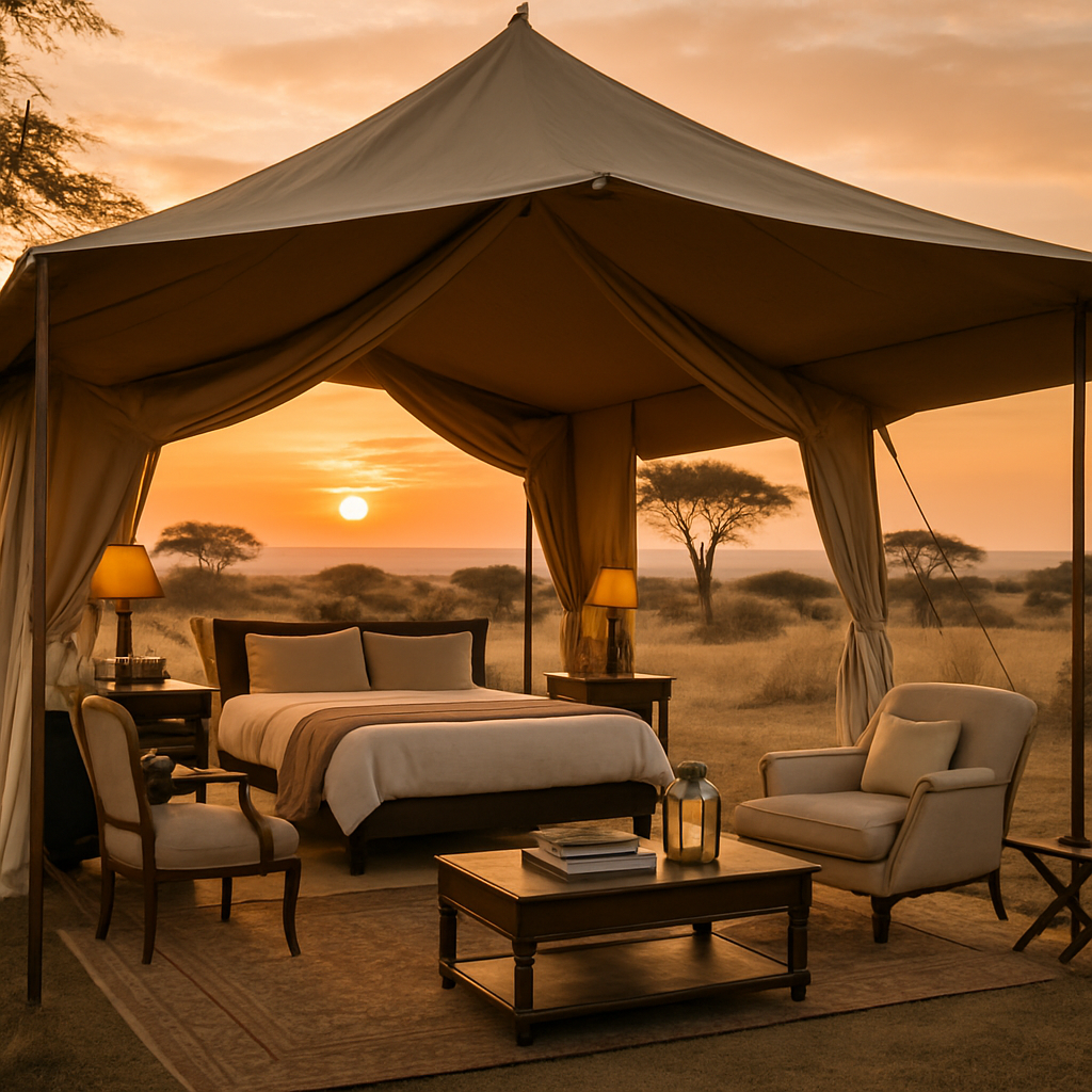 A luxurious tented camp setup in the African savanna at sunset with elegant furnishings