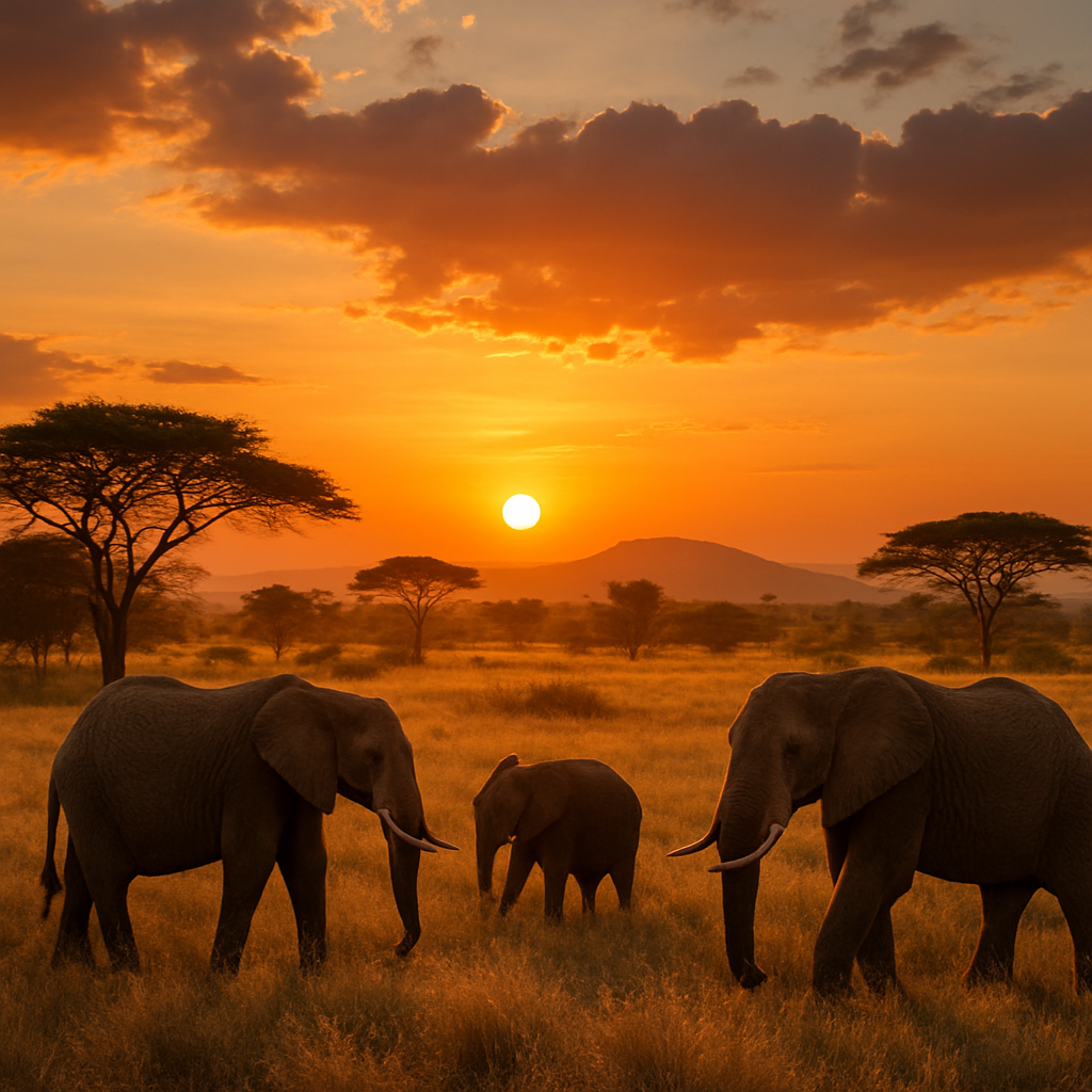 A stunning landscape view from an African safari with elephants grazing at sunset