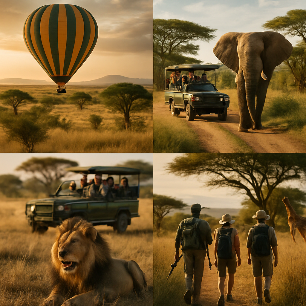 A collage showcasing different types of African safari experiences including game drives, walking safaris, hot air balloon rides over savannahs
