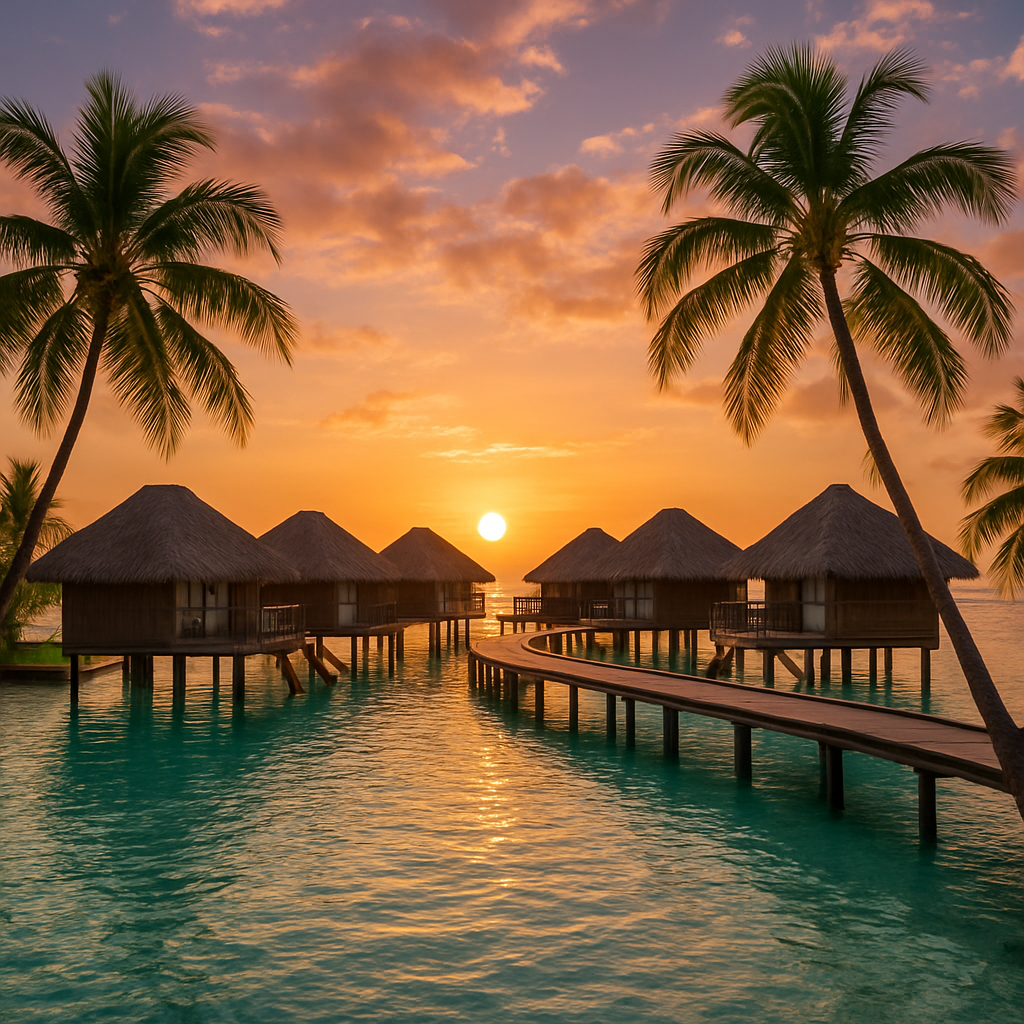 A stunning overwater bungalow resort at sunset, with palm trees and crystal-clear water