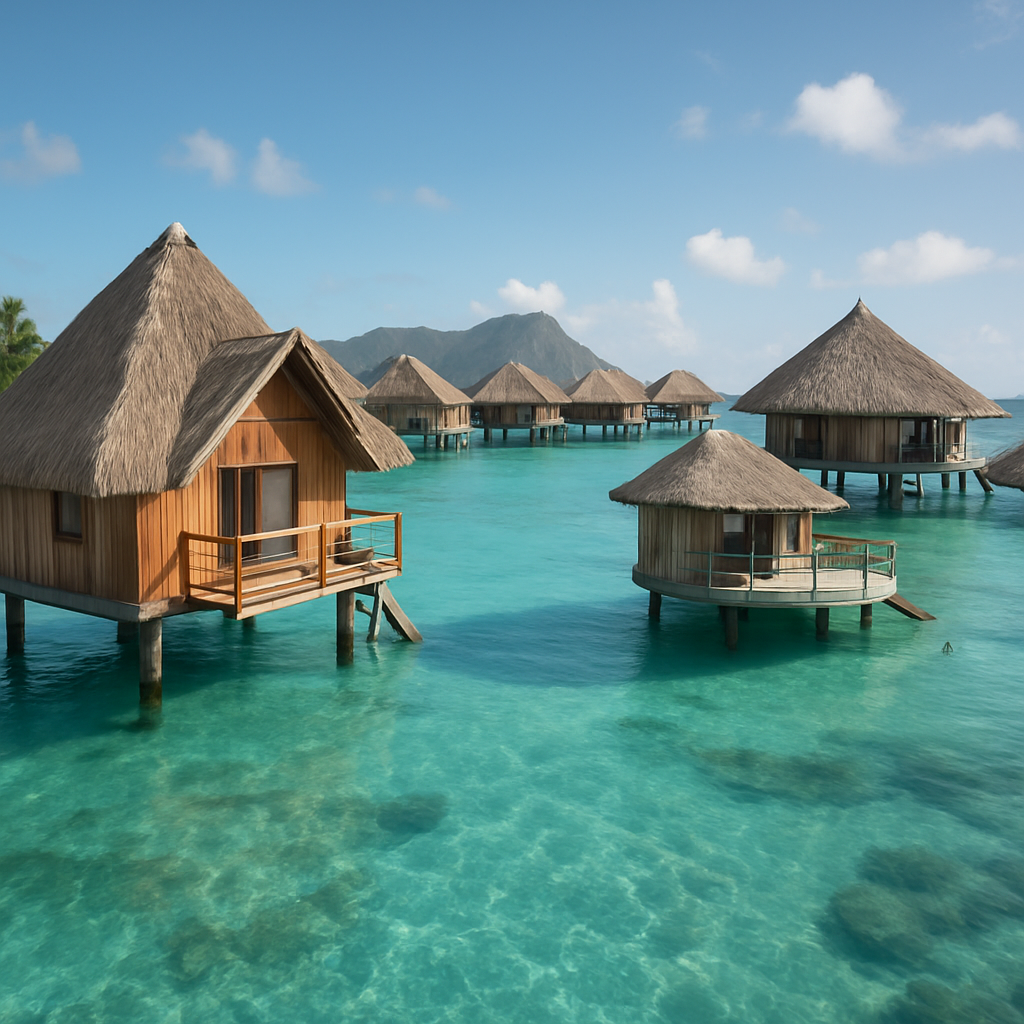 A stunning view of various types of overwater bungalows in a tropical setting