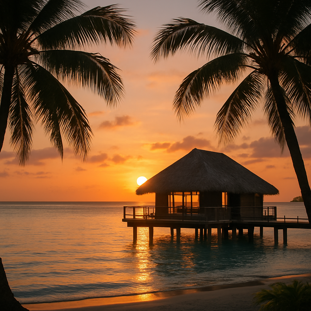 A stunning view of an overwater bungalow at sunset with palm trees in the foreground