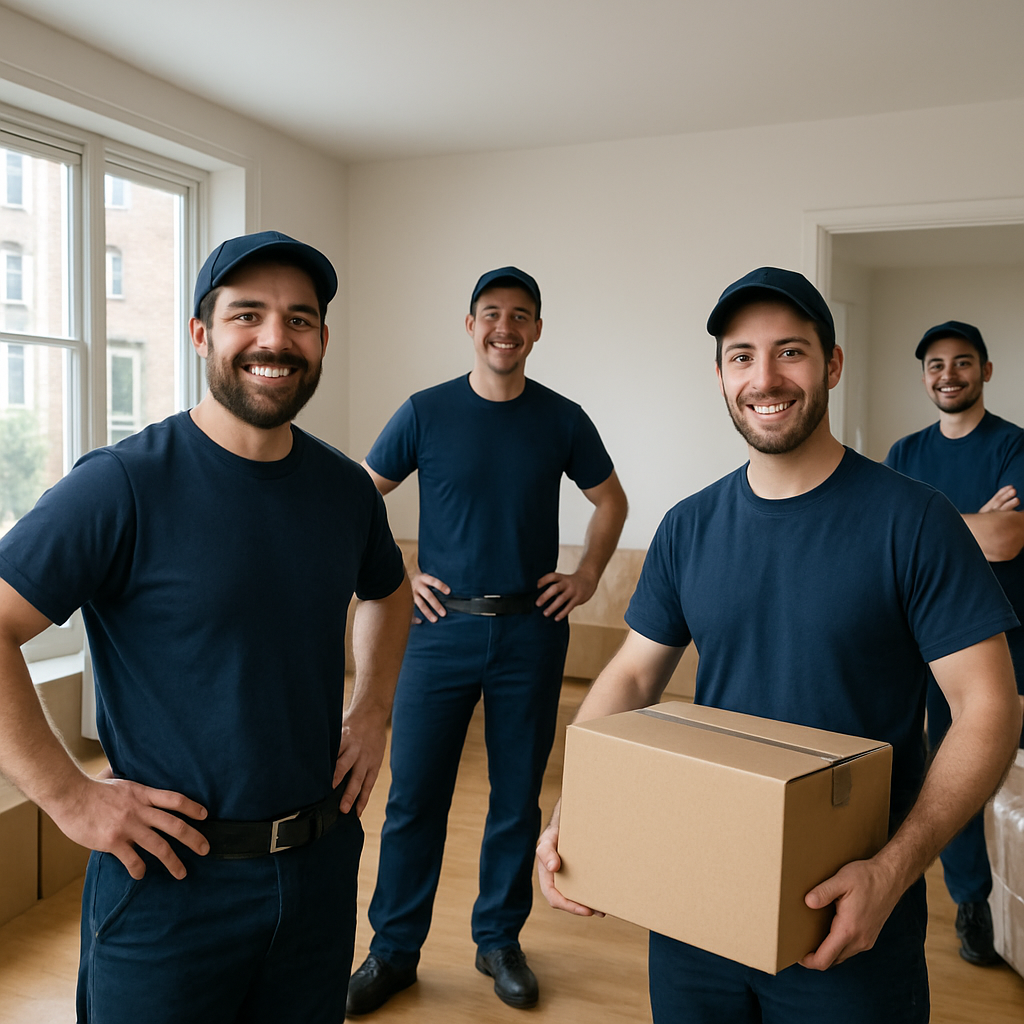A team of movers wrapping up a successful apartment clearance with smiles and a clean space