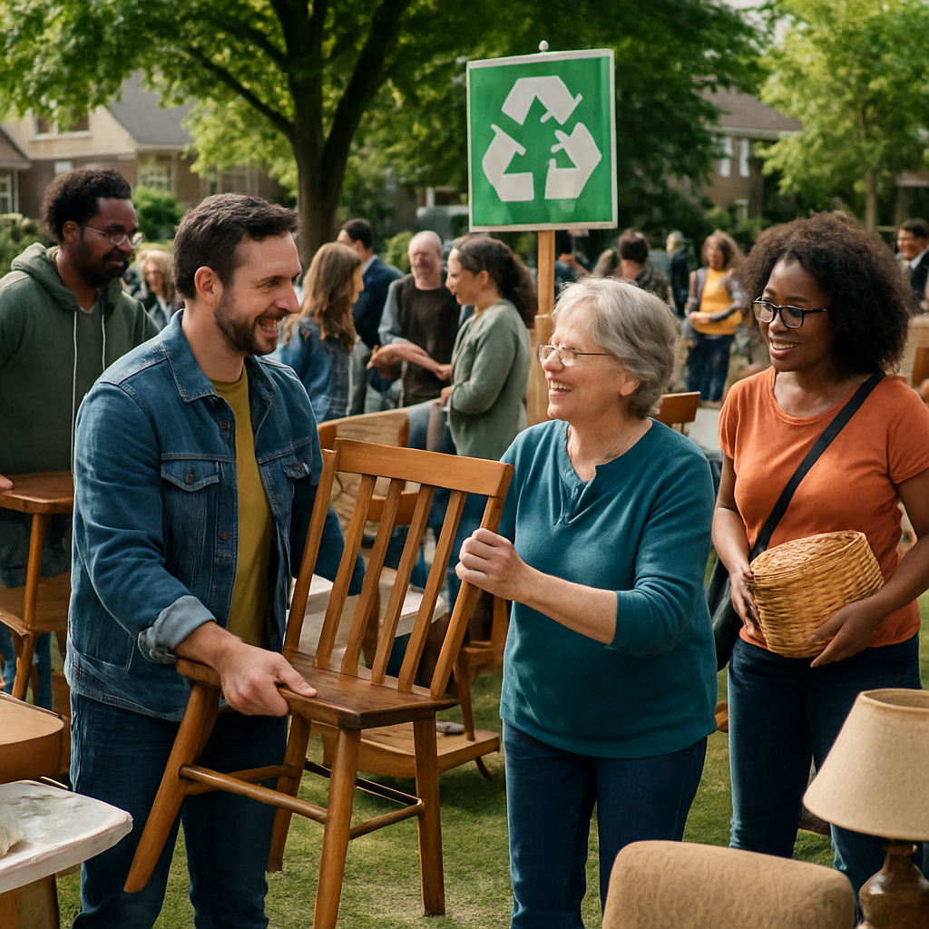 A vibrant community event for recycling furniture and household items with people exchanging goods