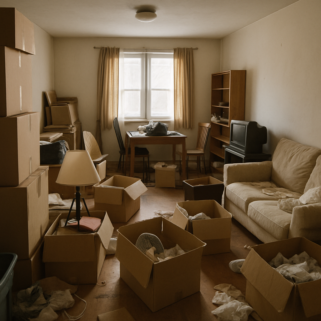 A cluttered apartment before a cleanout with boxes and furniture scattered around