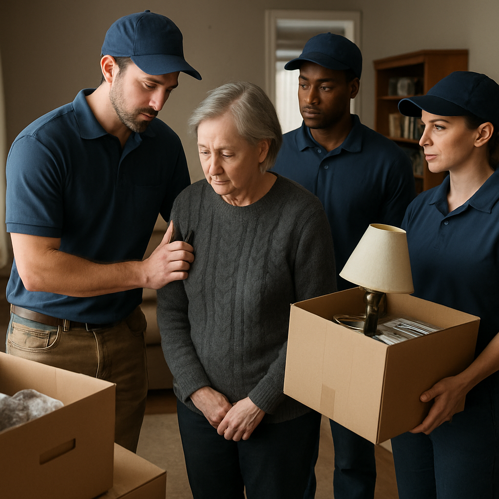 A compassionate team assisting in a home clearance after a bereavement, showing empathy and professionalism