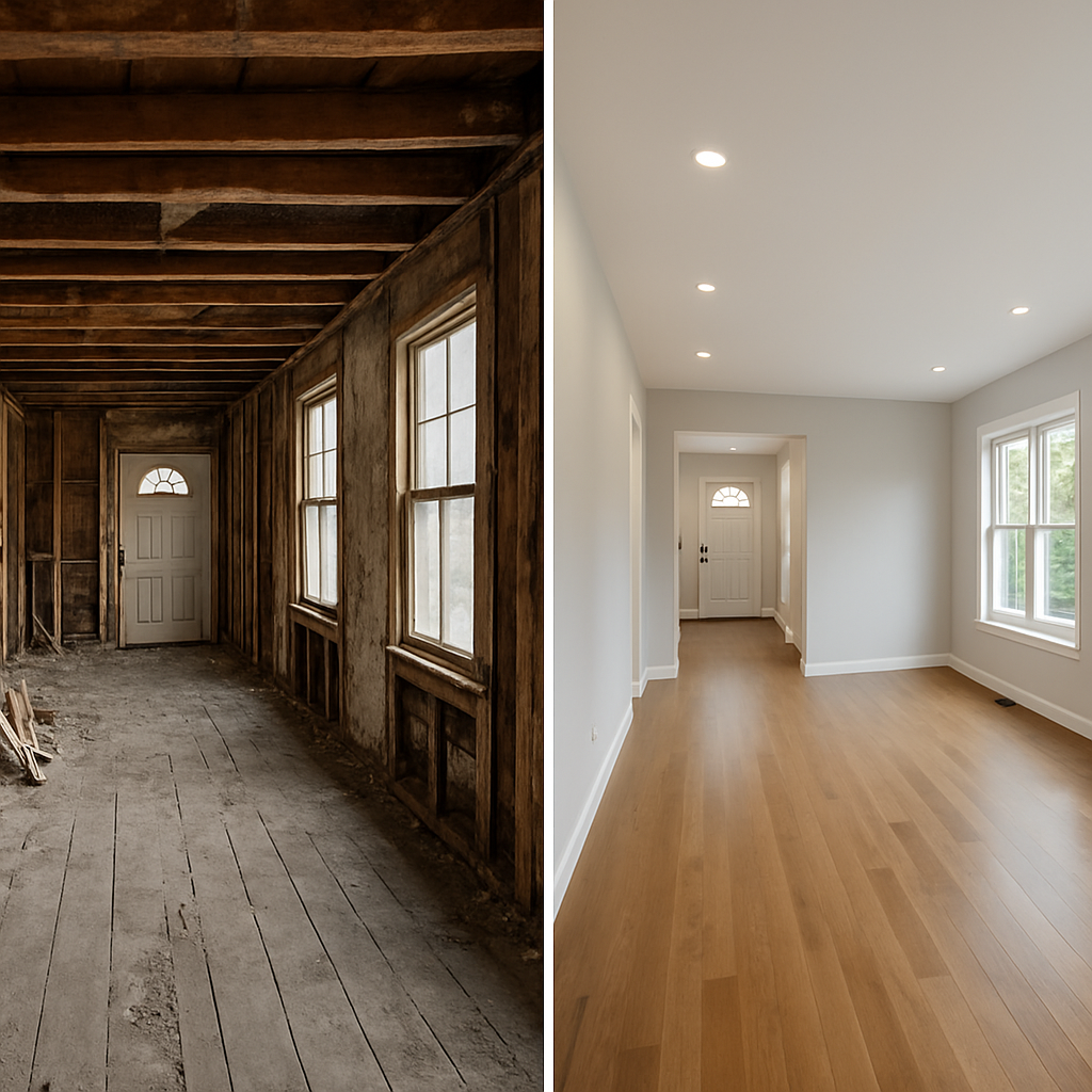 A before and after image of a house undergoing interior gutting and renovation, showing the transformation from old to modern design