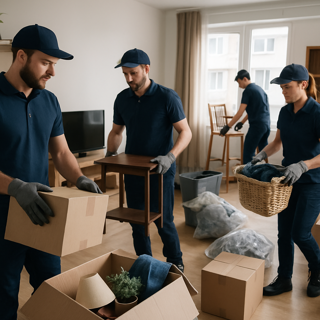 A professional team conducting a residential apartment clearance with various items being sorted and removed