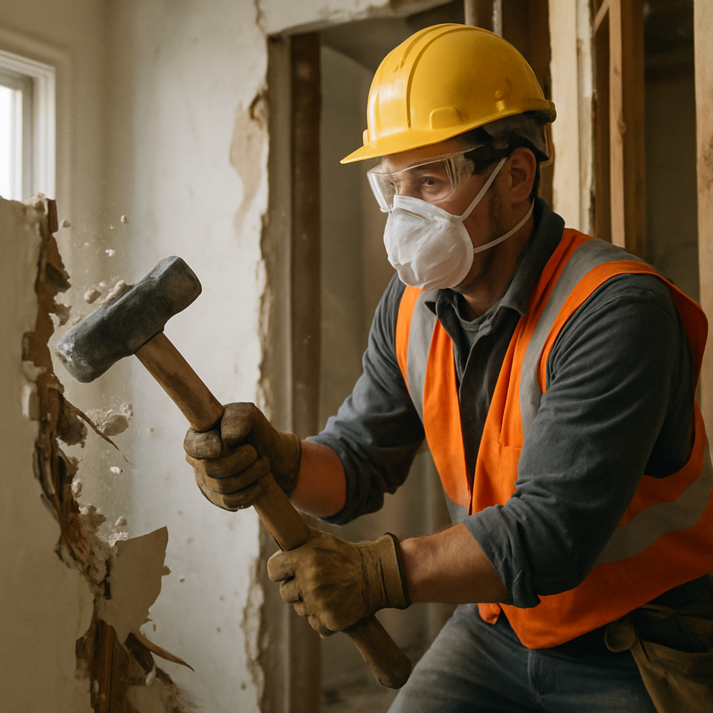 A construction worker wearing safety gear while performing interior demolition in a house