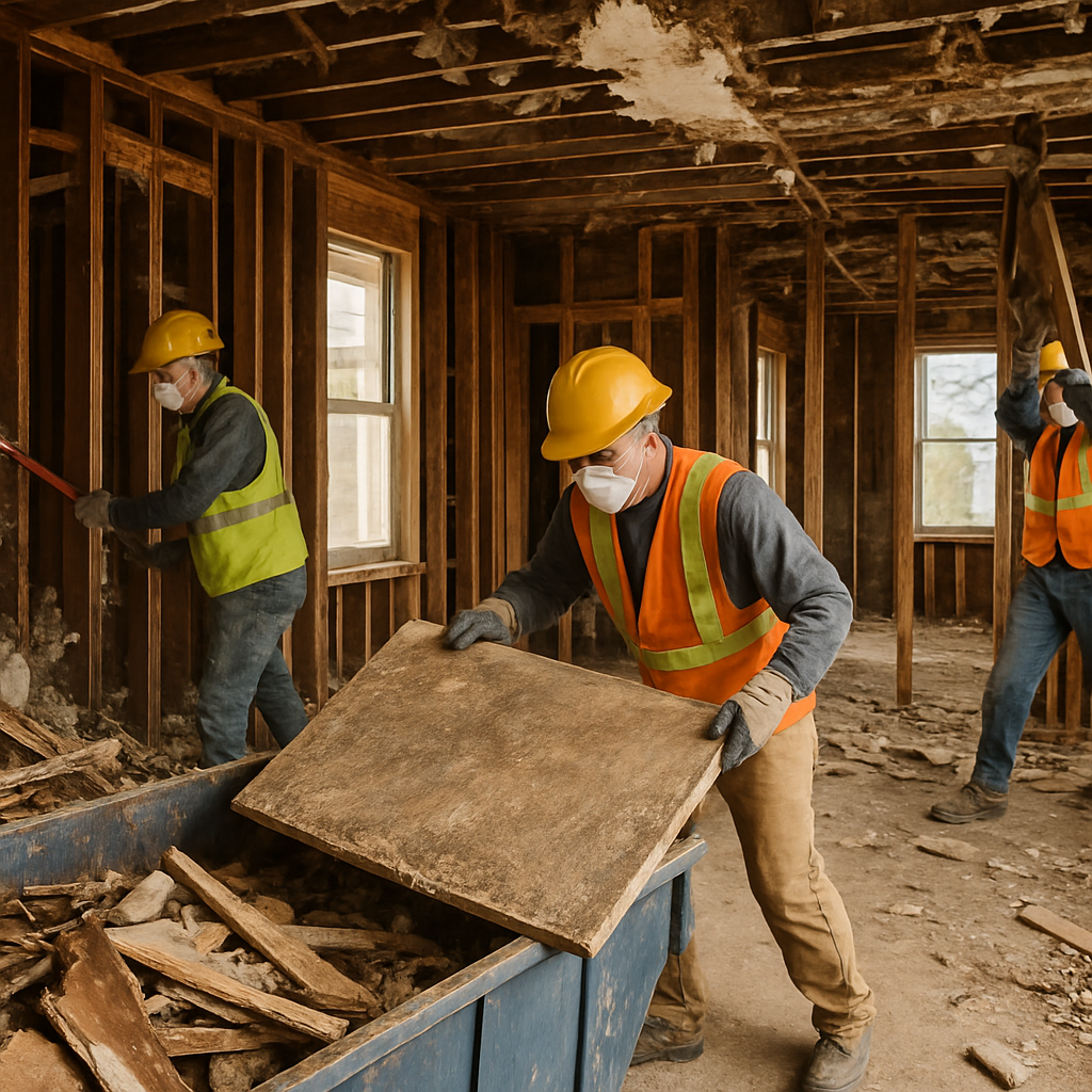 A construction site showing house gutting process with workers removing materials