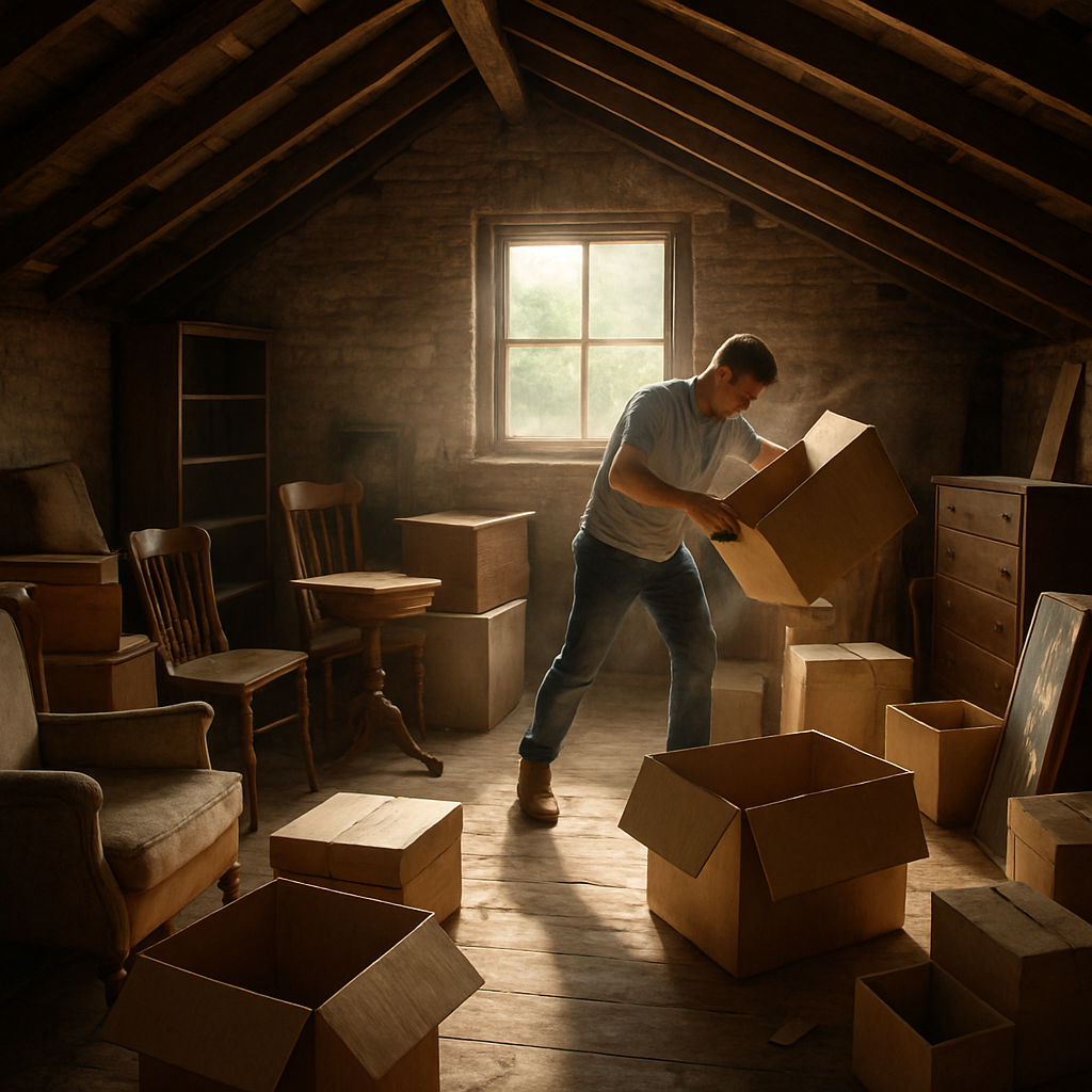 A cluttered attic filled with old furniture and boxes being cleaned out