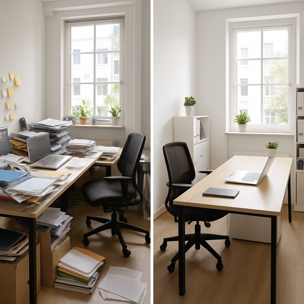 A professional office space before and after decluttering showing a transformation