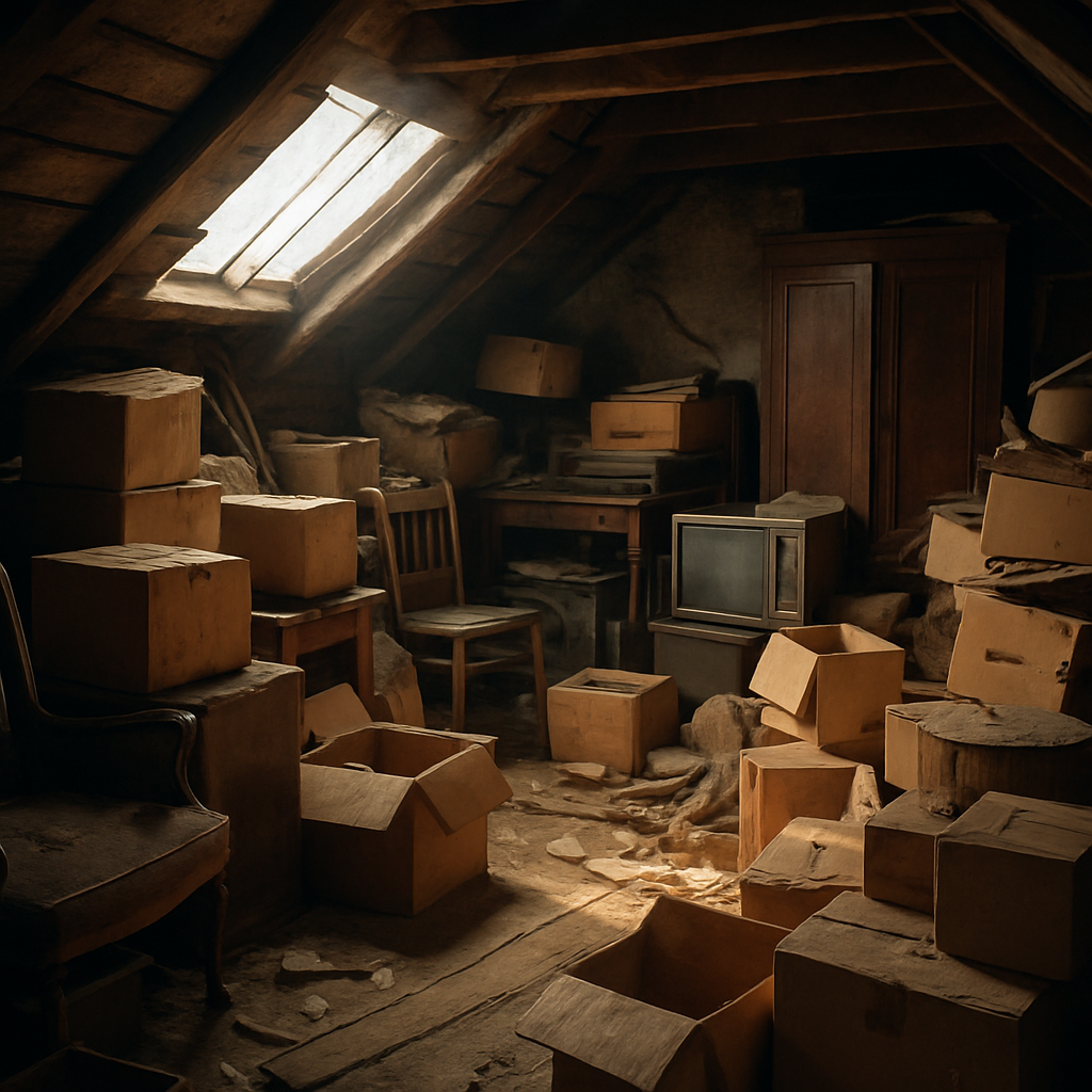 A cluttered attic before cleanup with boxes and old furniture