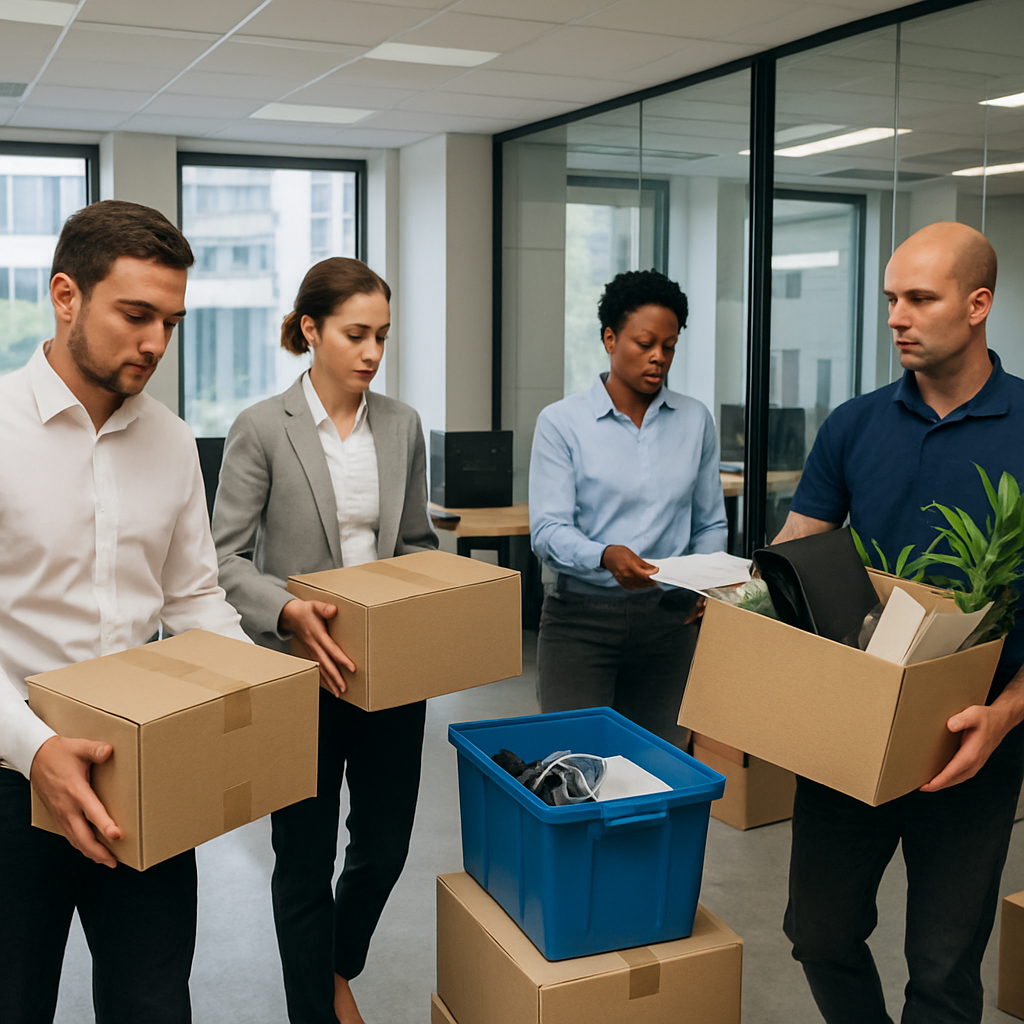 A professional team conducting office clearance with boxes and recycling materials in a modern office space