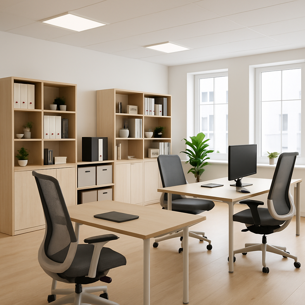 A modern office space with efficient storage solutions and ergonomic furniture