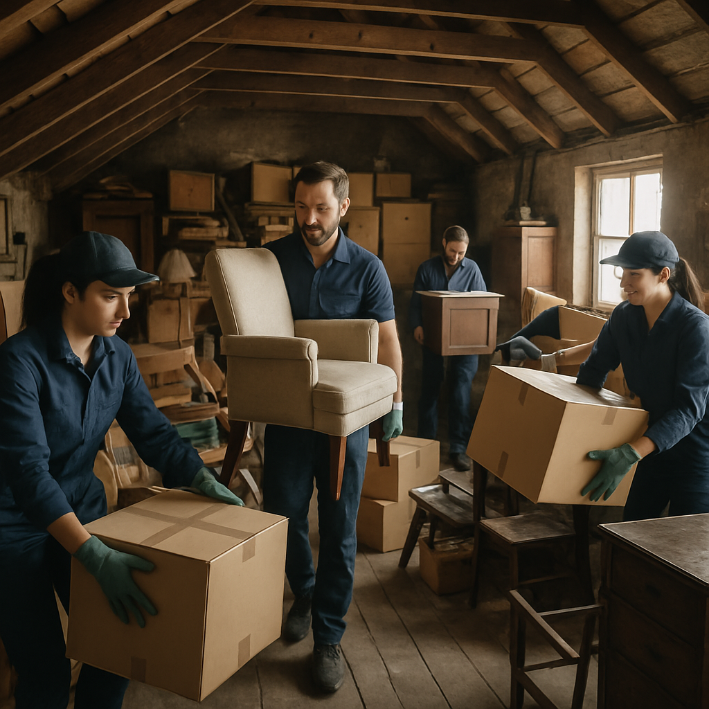 A professional team clearing out a cluttered attic filled with old furniture and boxes