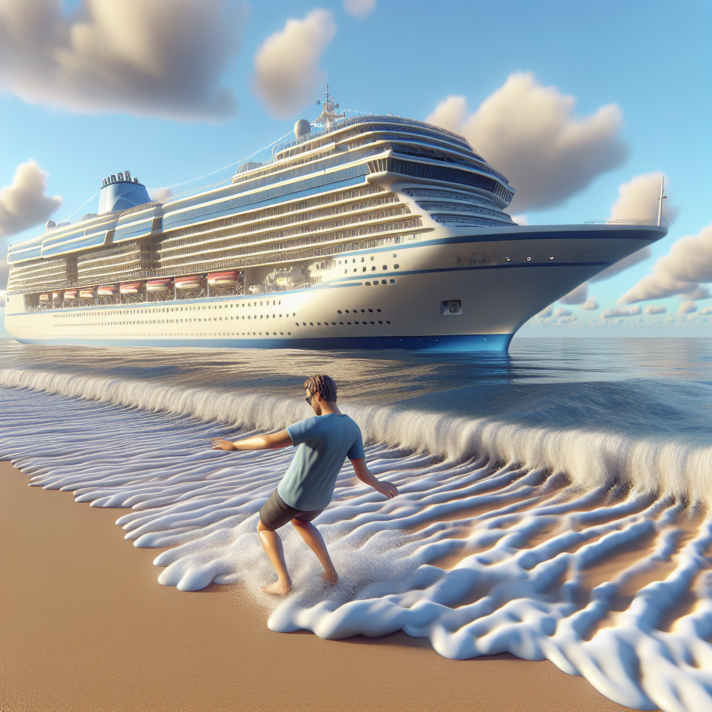 A person looking dizzy while standing on solid ground after a cruise, with a ship in the background and waves gently lapping at the shore