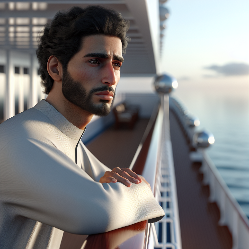 A serene image of a person on a cruise ship looking at the horizon with a worried expression