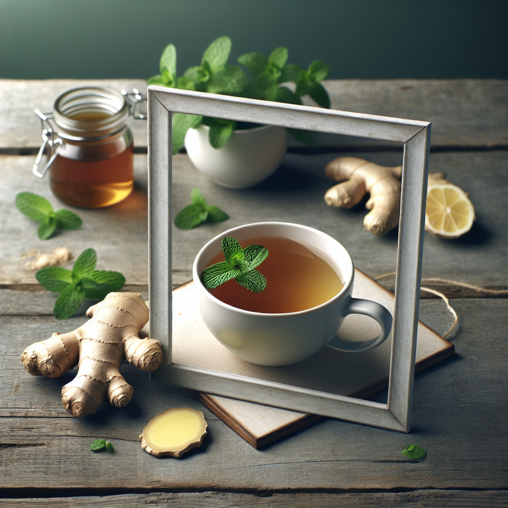 A soothing scene with a cup of peppermint tea and ginger root on a wooden table