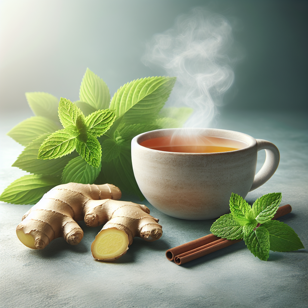 Various natural remedies for nausea including ginger tea and peppermint leaves