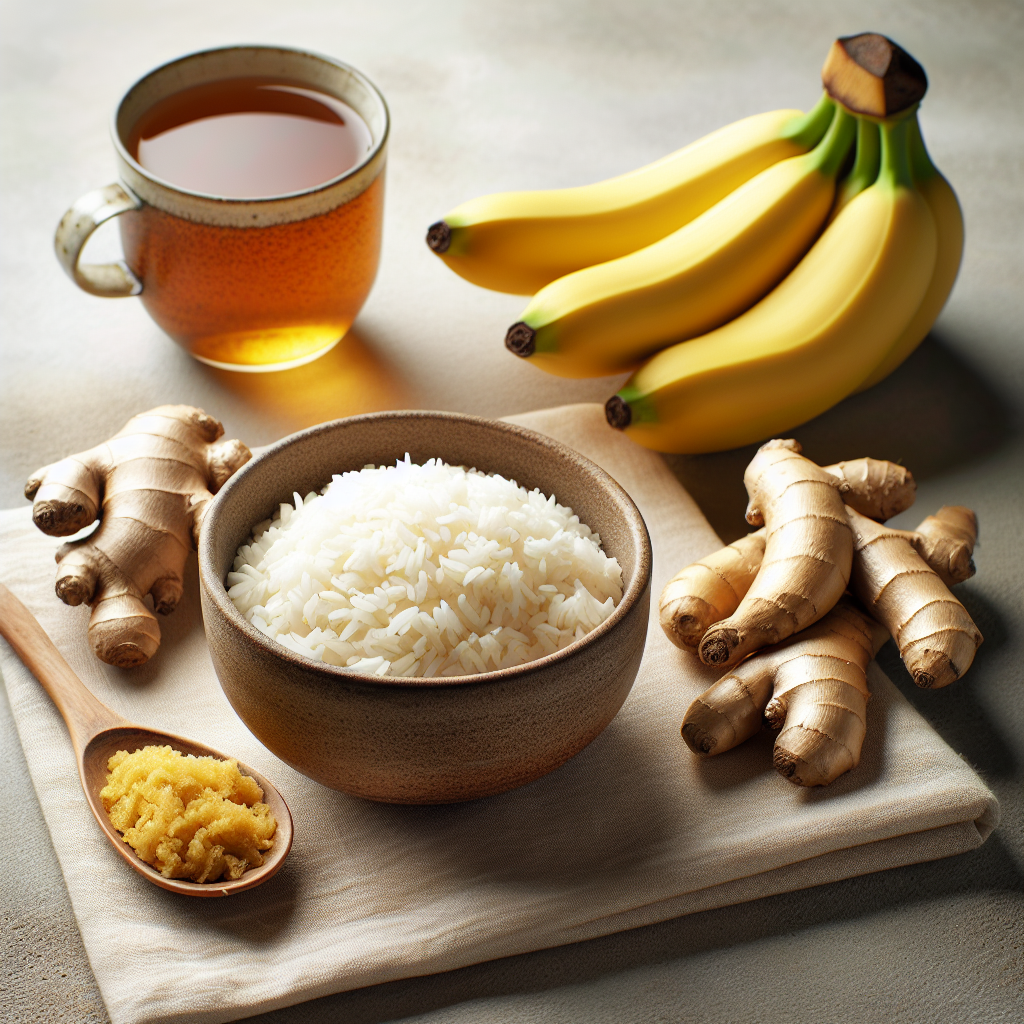 A soothing image of light foods such as rice, bananas and ginger tea on a table
