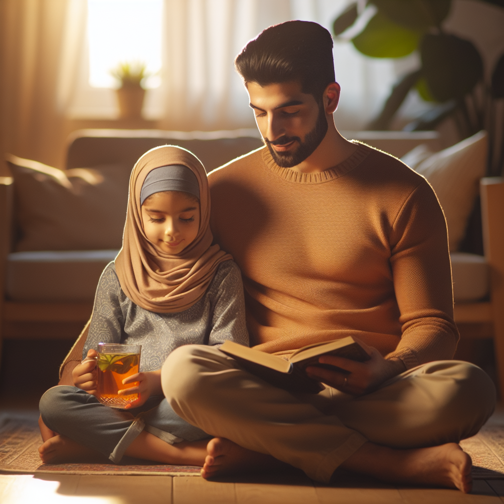 A comforting scene of a parent and child sitting together with a cup of ginger tea and a book in a cozy living room