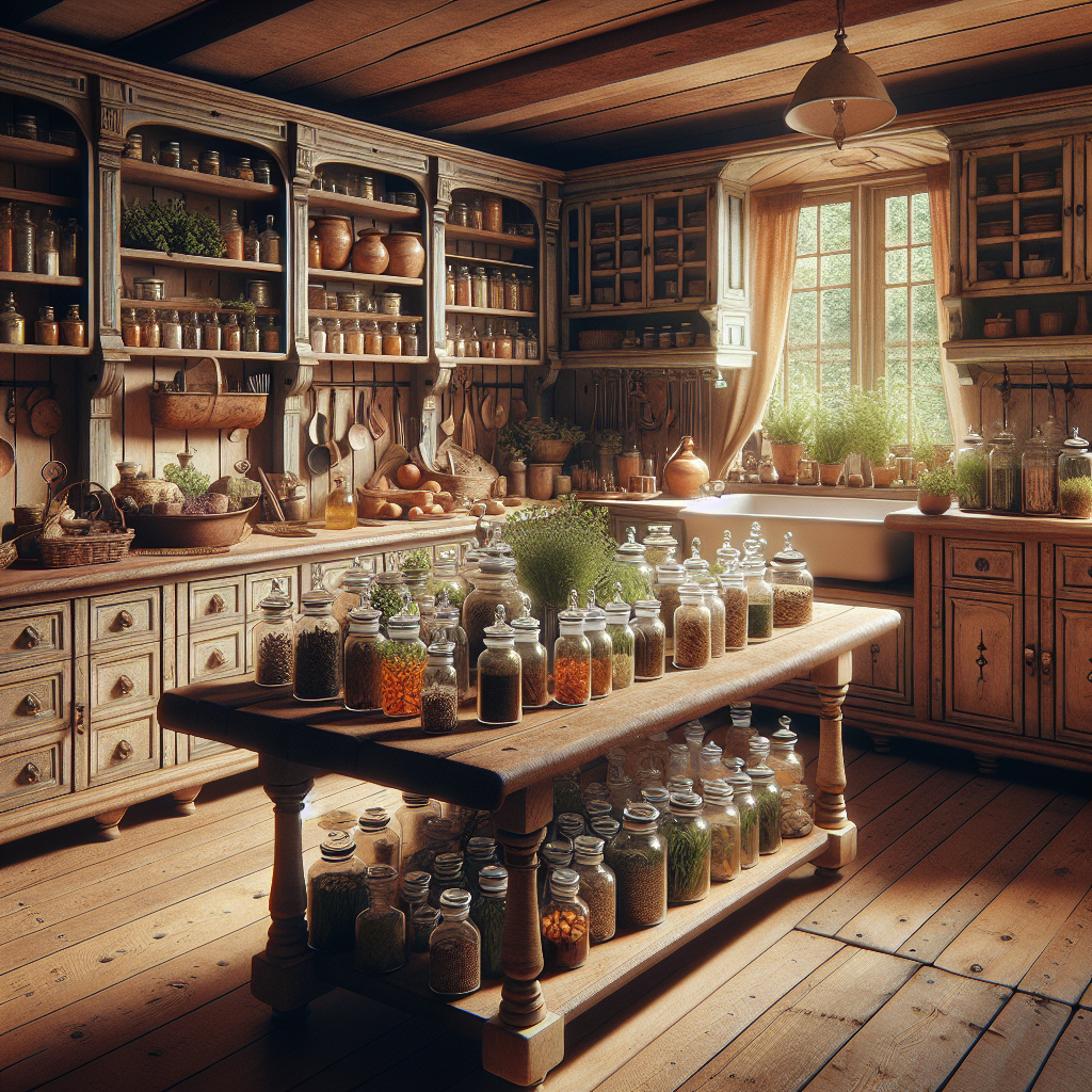 An inviting vintage kitchen with herbs and natural remedies displayed on a wooden table