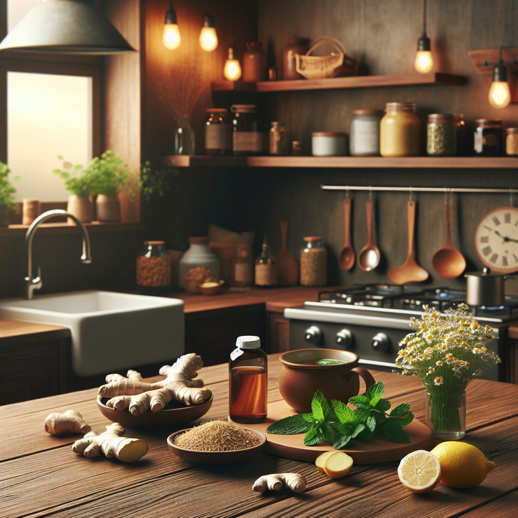 A cozy kitchen scene with various natural remedies for nausea displayed on a wooden table. Include ginger root, peppermint leaves, chamomile tea, and lemon slices in a warm light.