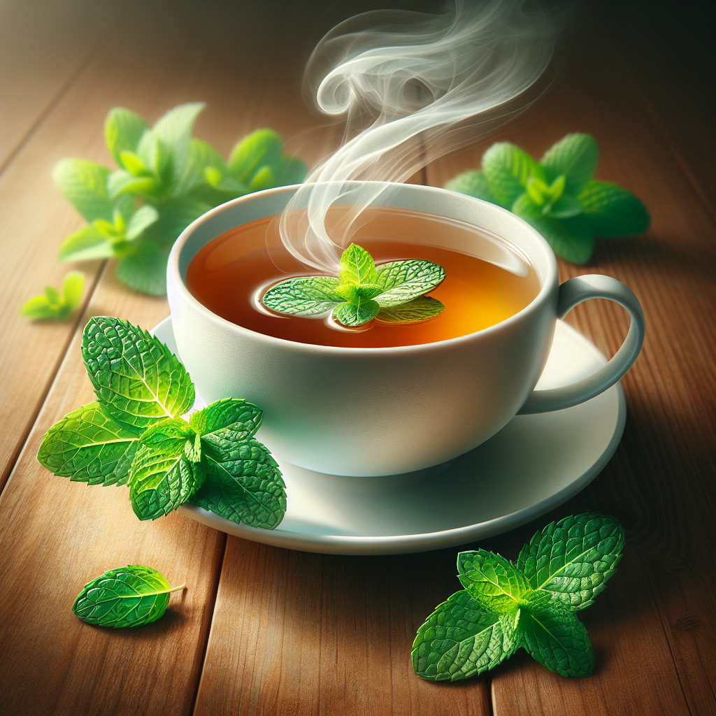A steaming cup of peppermint tea with fresh mint leaves beside it on a wooden table