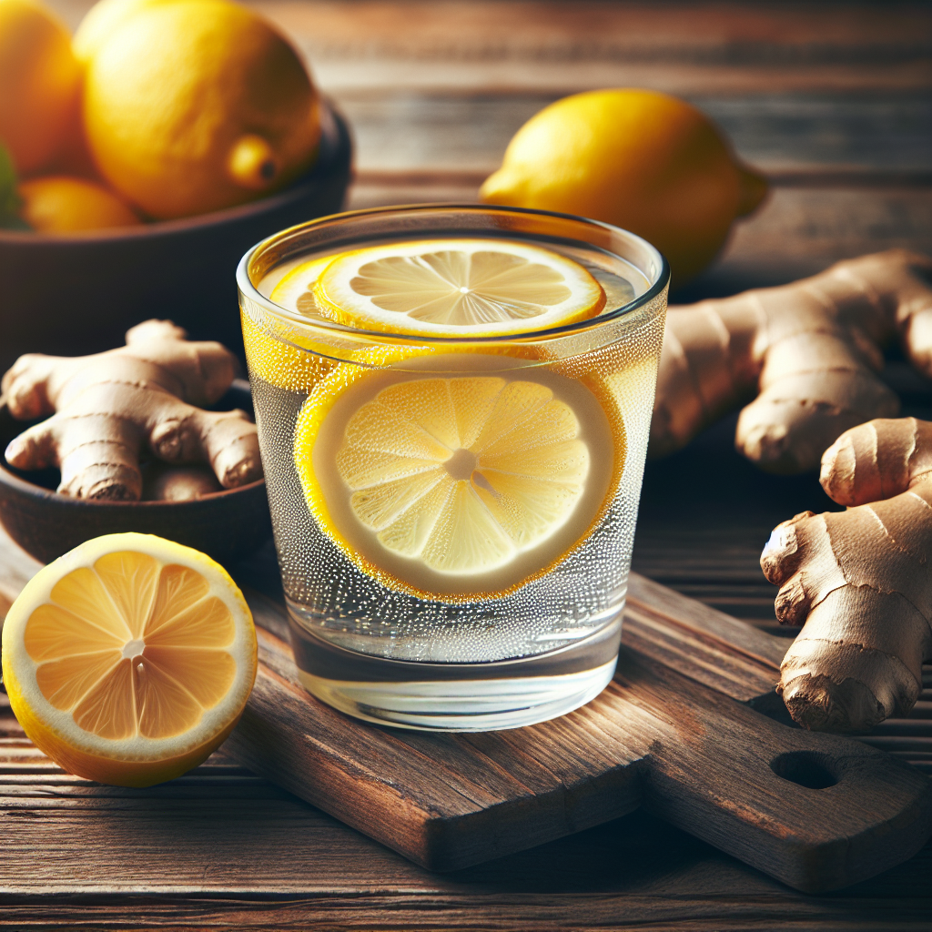A refreshing glass of lemon water with slices of lemon and ginger on a wooden table