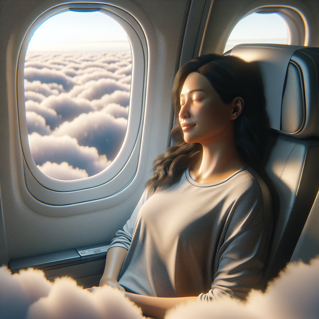 A serene airplane interior with a passenger looking relaxed and happy while flying above the clouds