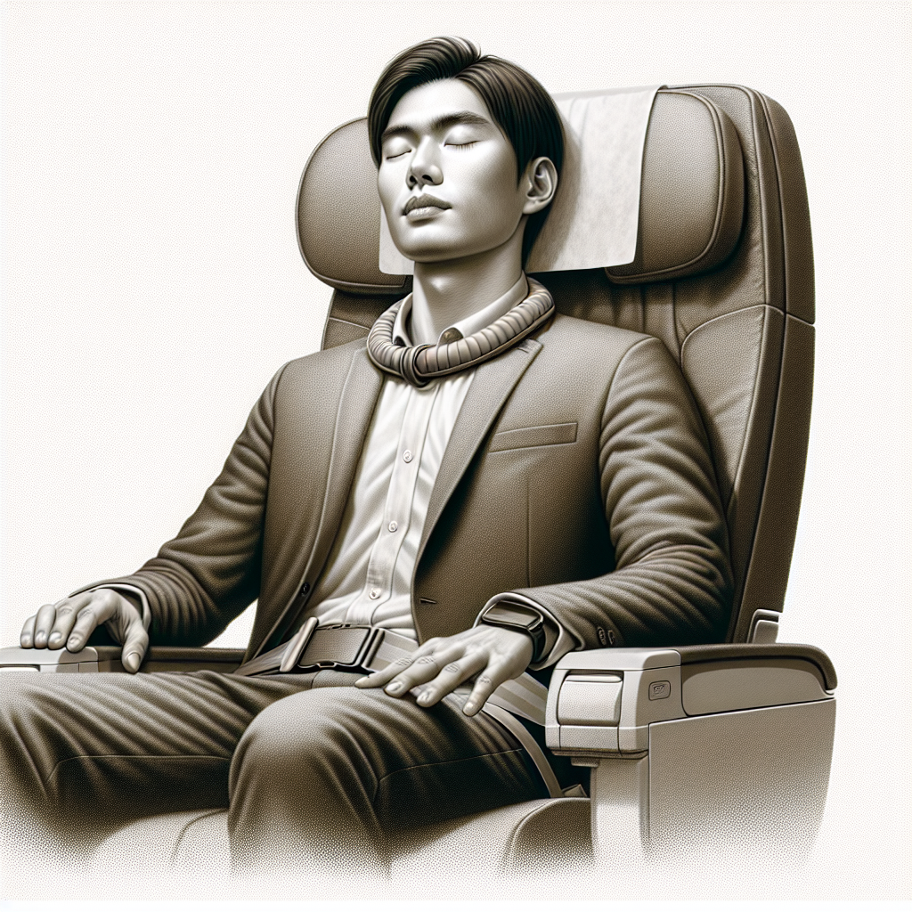 A person sitting comfortably on an airplane seat using a Sea-Band for motion sickness relief