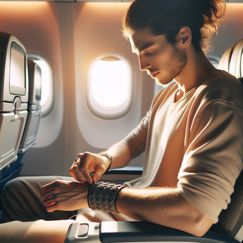 A person using acupressure wristbands on a plane to prevent motion sickness
