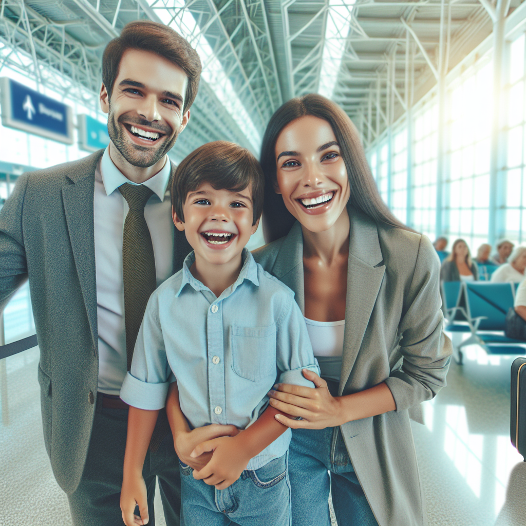 A cheerful family at the airport with a child looking excited and relaxed before their flight