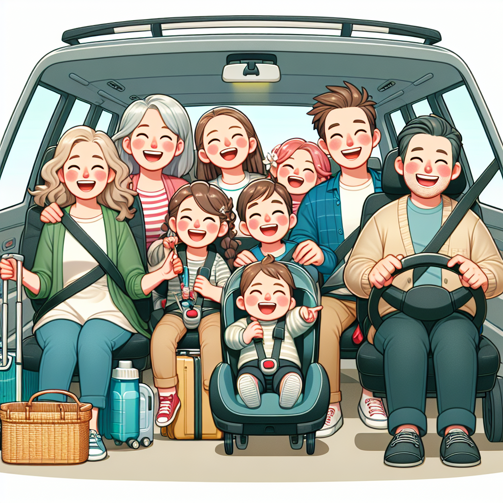 A vibrant travel scene with a happy family in a car enjoying a road trip without any signs of nausea or fatigue