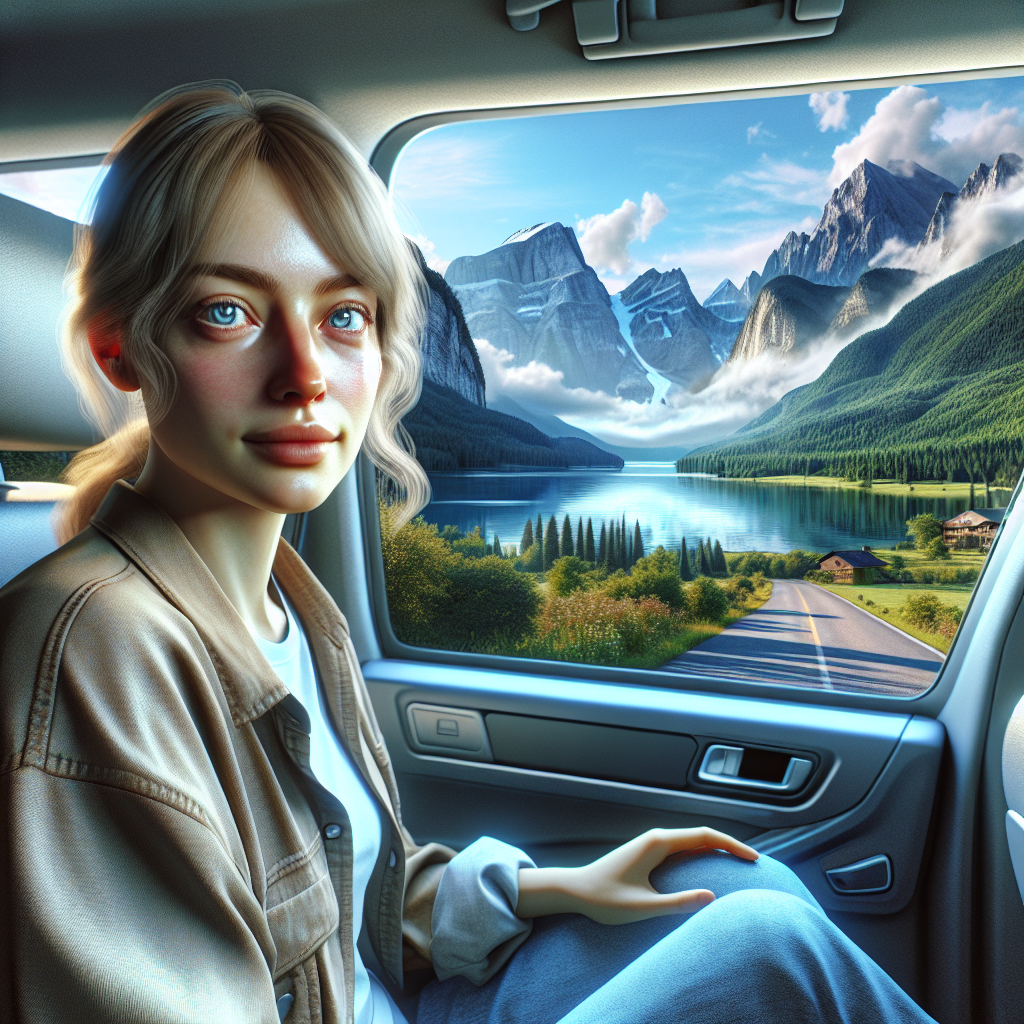 A traveler feeling nauseous in a car with a scenic view outside the window