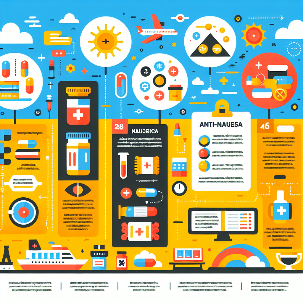 A colorful infographic comparing different anti-nausea medications for travel with icons and illustrations.